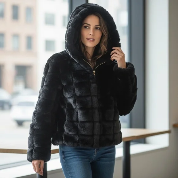 Women’s Faux Fur Hooded Jacket size M. NWT - Picture 6 of 13